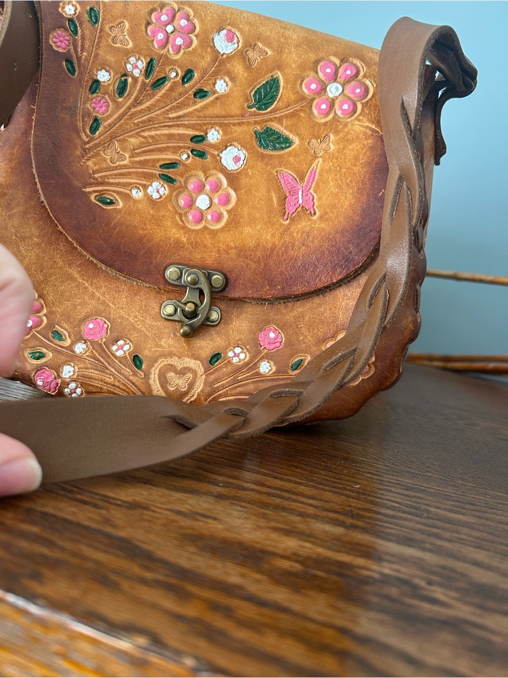 Vintage Hand-Tooled Floral Leather Shoulder Bag - Brown with PaintedPink Accents - Picture 3 of 12